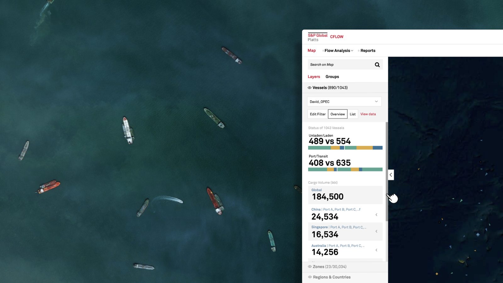 S&P Global Platts cFlow vessel map interface