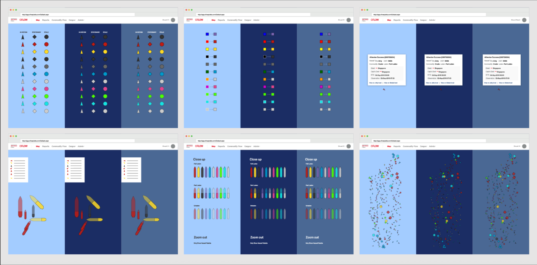 Vessel icon system across mobility, commodity color, laden state, and zoom density