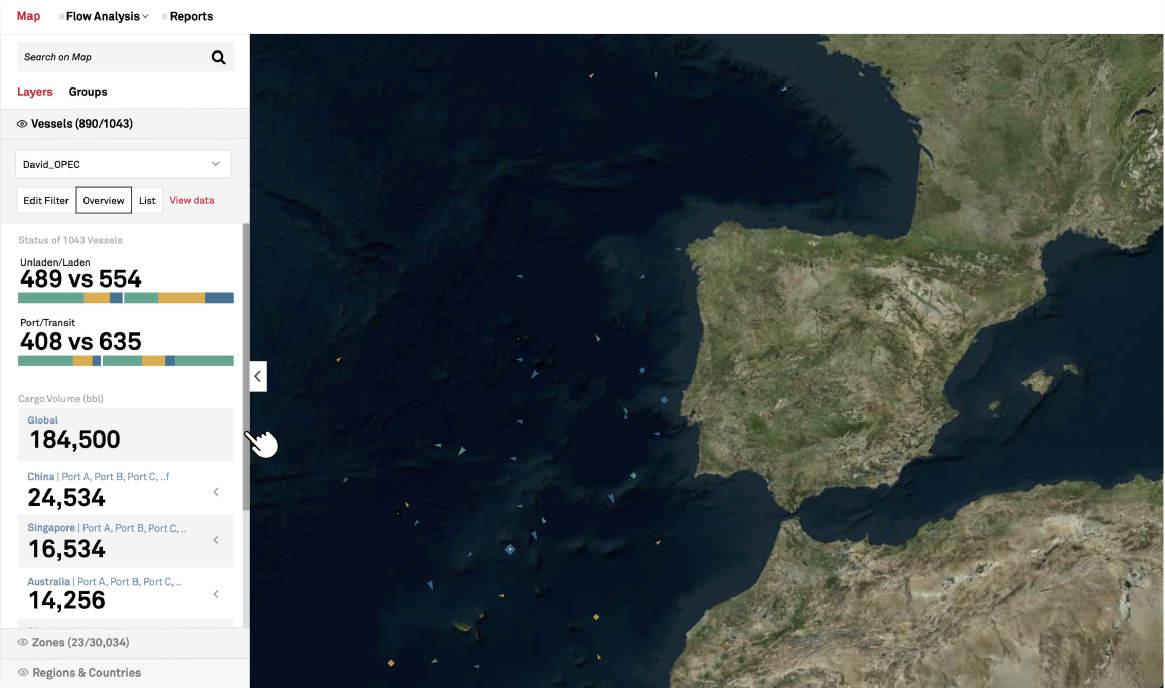 cFlow vessel filter panel docked beside the live map