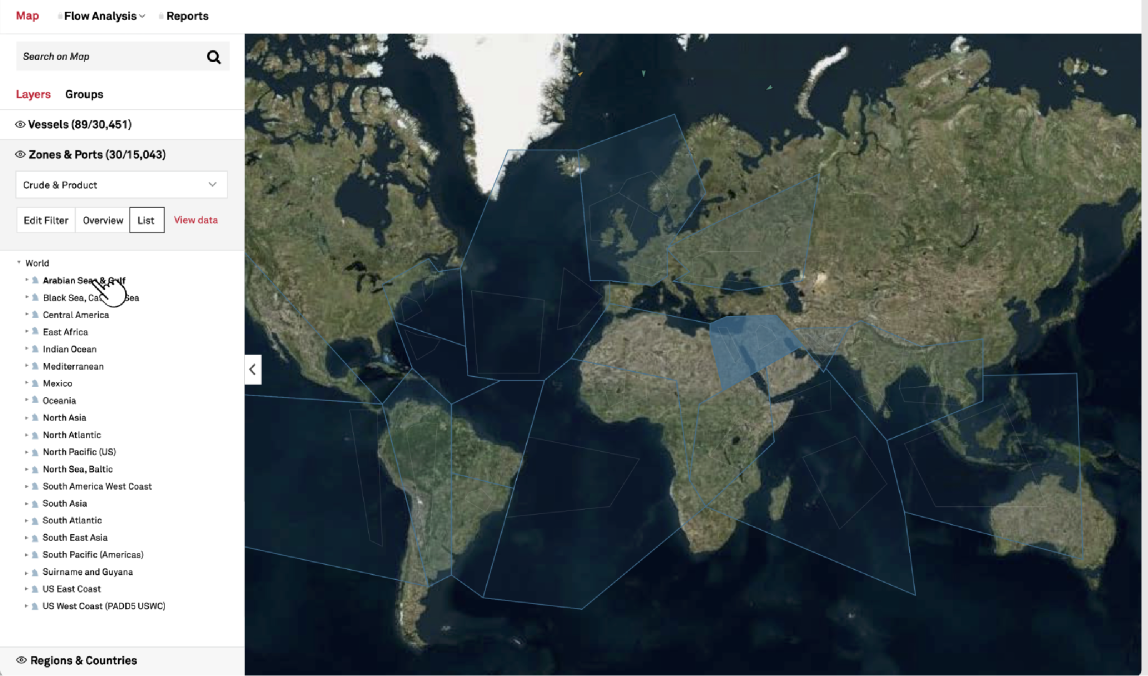 Global map with selectable cargo zones overlaid