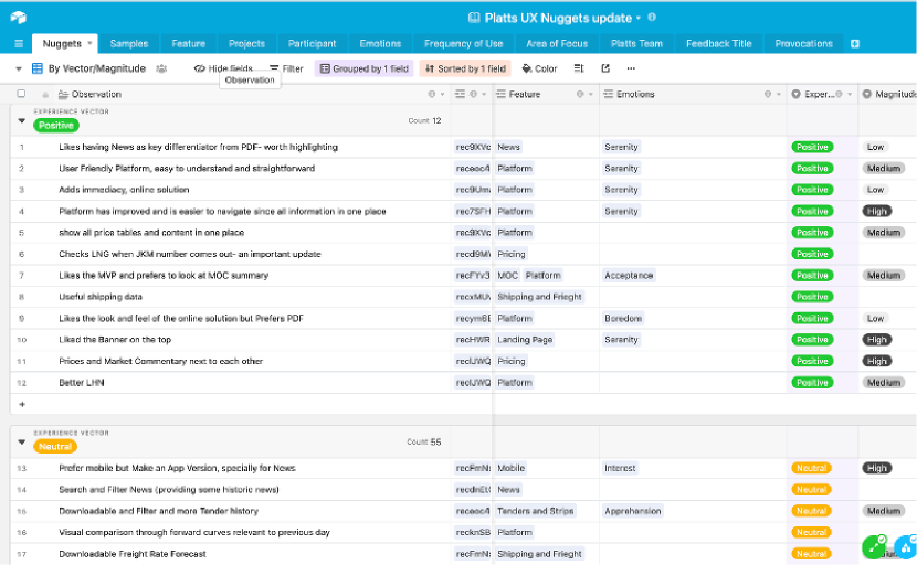 Consolidated UX research nuggets in Airtable